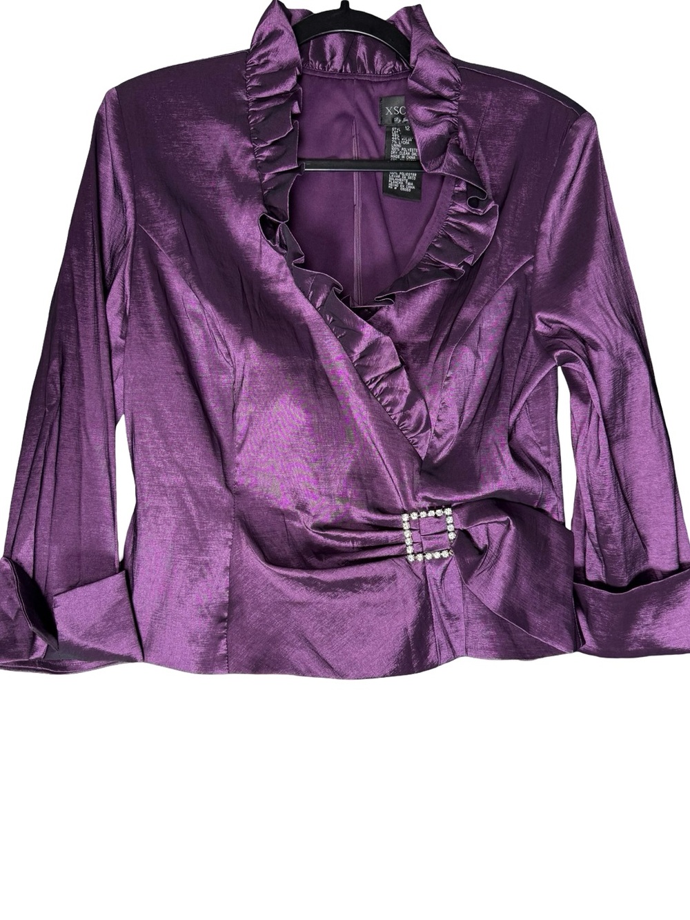 Xscape By Joanna Chen Plum Satin Ruffle Rhinestone Y2K Party Jacket Top Size 12